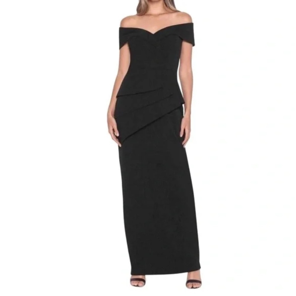 Xscape Jovie Peplum Dress Off Shoulder Black Scuba Crepe Excellent $259. Size 4